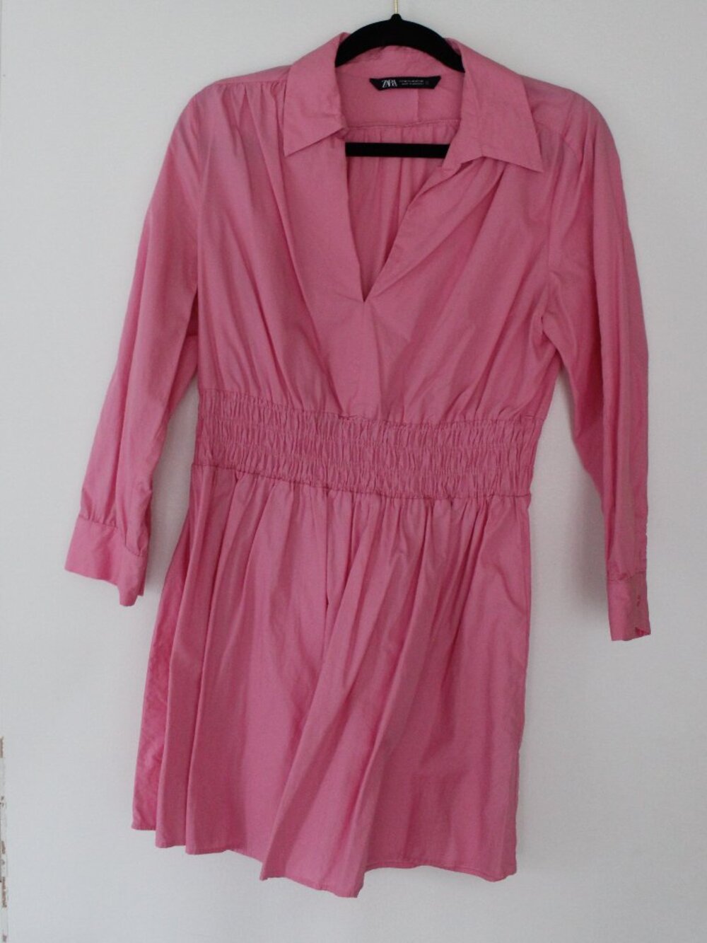 Zara V-Neck Poplin Shirt Mini Dress with Smocked Waist
